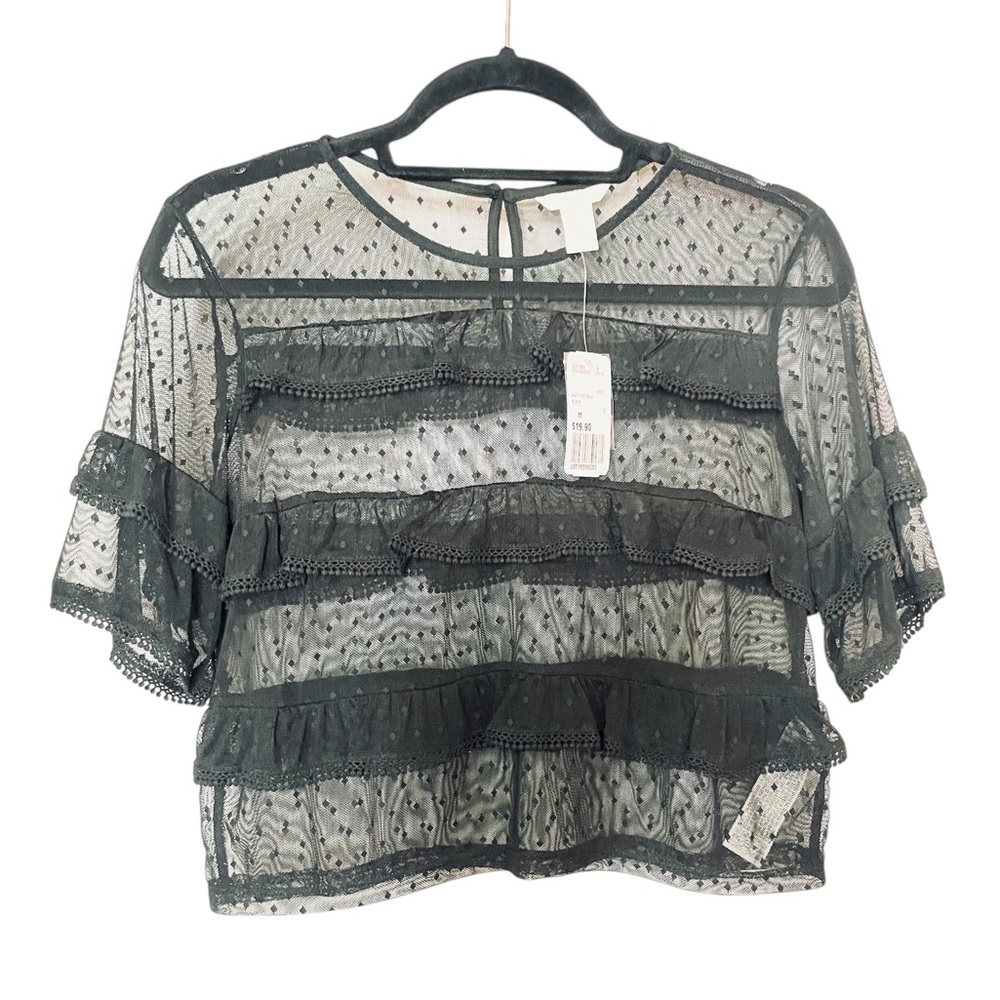 Forever 21 Black Ruffled Lace Polka Dot Short Sleeve Knit Blouse Sz M NWT $19.95